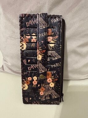 Paris Eiffel Tower Floral Zip Wallet - Black with Pink & Cream Accents